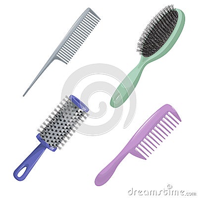 Cartoon trendy design haircare icon set. Metal and plastic comb, cylinder and brush hair styling accessories tools. Vector Illustration