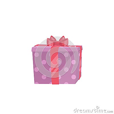 Cartoon trendy design icon of pink polka paper gift box with red ribbon. Christmas, birthday and party symbol. Vector Illustration