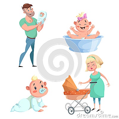 Cartoon trendy design mother and babies sticker icons set. Washing girl in basin and crawl baby, father holding newborn, mother wi Vector Illustration