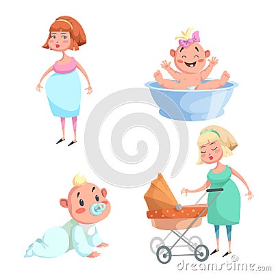 Cartoon trendy design mother and babies sticker icons. Washing girl in basin and crawl baby, pregnant woman, mother with stroller. Vector Illustration