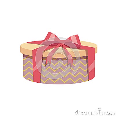 Cartoon trendy design vintage round gift box with red ribbon and bow. Birthday and Christmas vector icon. Vector Illustration