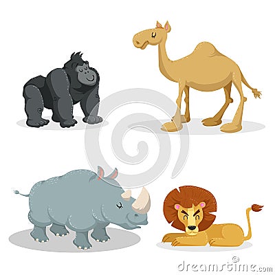 Cartoon trendy style african animals set. Gorilla monkey, lion, dromedary camel, rhiniceros. Closed eyes and cheerful mascots. Vector Illustration
