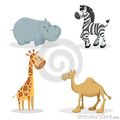 Cartoon trendy style african animals set. Hippo, zebra, giraffe, dromedary camel. Closed eyes and cheerful mascots. Vector Illustration