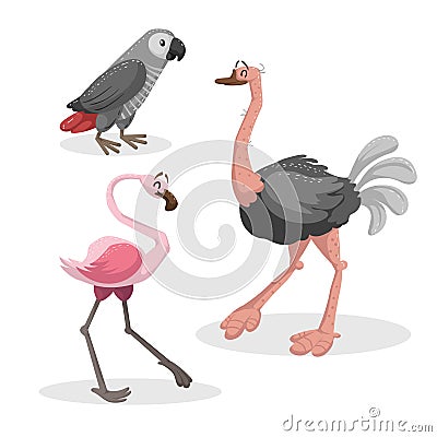 Cartoon trendy style african birds set. Grey parrot, ostrich and flamingo. Closed eyes and cheerful mascots. Vector Illustration