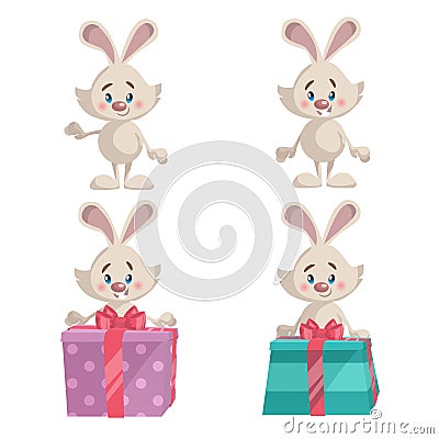Cartoon trendy style cute laughing and smiling bunny mascot set with gift box. Vector Illustration