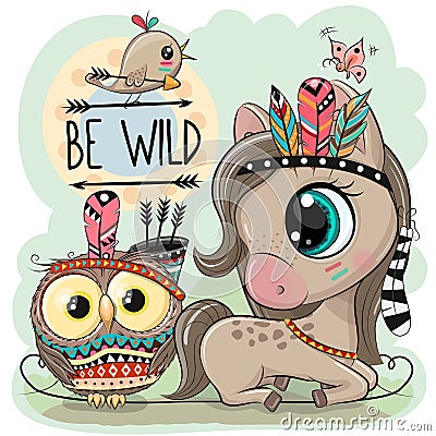 Cartoon tribal Horse and owl with feathers Vector Illustration