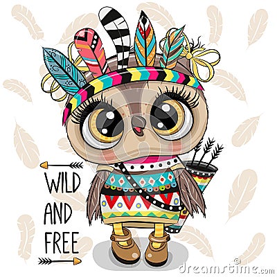 Cartoon tribal Owl with feathers on a white background Vector Illustration