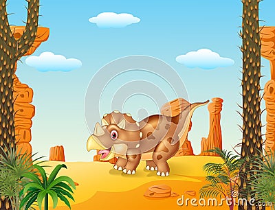 Cartoon triceratops three horned dinosaur with the desert background Vector Illustration