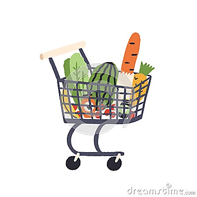 Cartoon trolley with healthy food vector flat illustration. Colorful full shopping cart with grocery from self-service Vector Illustration