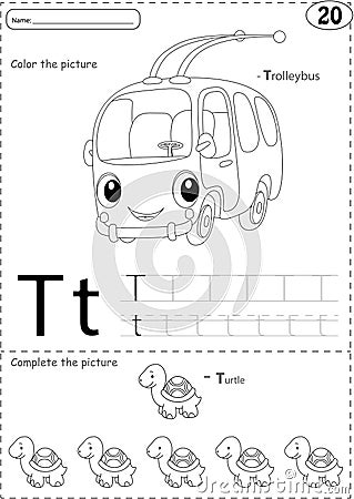 Cartoon trolleybus and turtle. Alphabet tracing worksheet: writing A-Z and educational game for kids Vector Illustration