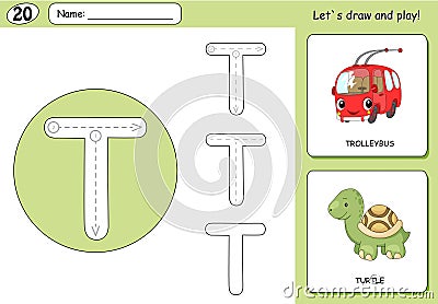 Cartoon trolleybus and turtle. Alphabet tracing worksheet Vector Illustration