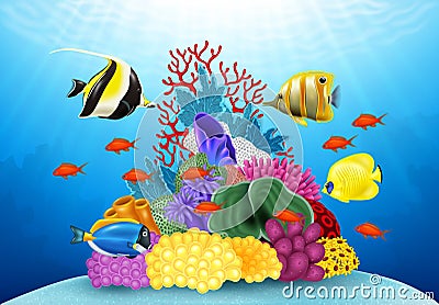 Cartoon tropical fish with beautiful underwater world Vector Illustration