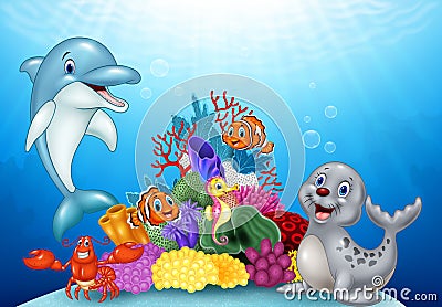 Cartoon tropical fish with Beautiful Underwater World Vector Illustration