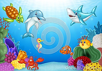 Cartoon tropical fish with beautiful underwater world Vector Illustration