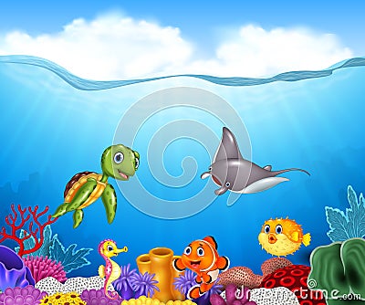 Cartoon tropical fish with beautiful underwater world Vector Illustration