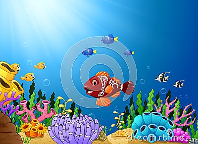 Cartoon tropical fish with beautiful underwater world Vector Illustration