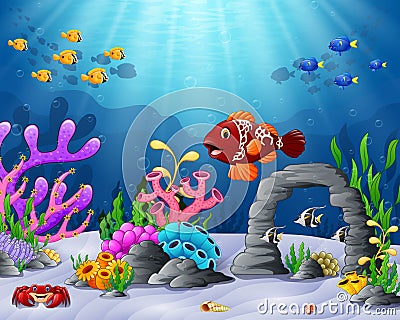 Cartoon tropical fish with beautiful underwater world Vector Illustration