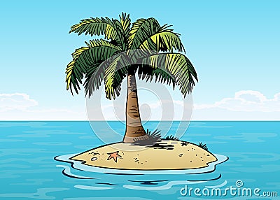 cartoon tropical island with a lonely palm tree Cartoon Illustration