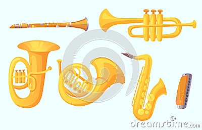 Cartoon trumpet. Winds musical instruments. Music instrument vector collection Vector Illustration