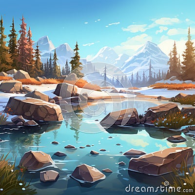 Cartoon Tundra: Reflective Water, Trees, And Rocks Stock Photo