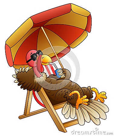 Cartoon turkey bird sitting on beach chair Vector Illustration