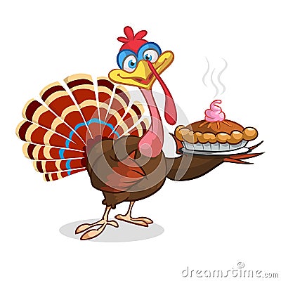 Cartoon turkey character with a pie. Thanksgiving clipart. Vector Illustration