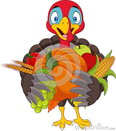 Cartoon turkey holding fruits and vegetables Vector Illustration