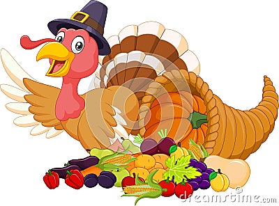 Cartoon turkey with horn of plenty isolated on white background Vector Illustration