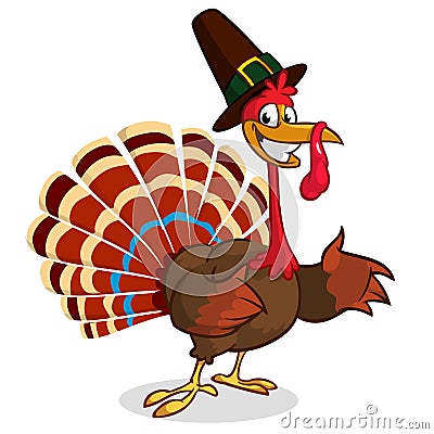 Cartoon turkey in pilgrim hat. Thanksgiving vector illustration isolated on white background Vector Illustration