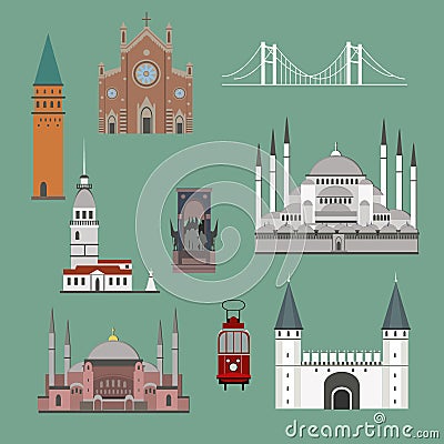 Cartoon Turkey symbols and objects set Vector Illustration