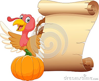 Cartoon turkey with vintage scroll paper isolated on white background Vector Illustration