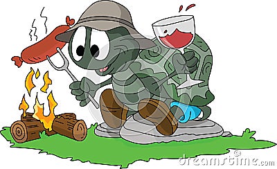 Cartoon turtle cooking sausages on fire and drinking wine in the forest, camping alone vector Vector Illustration