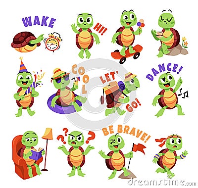 Cartoon turtle. Cute funny animals characters, smiling little turtle in different poses, actions and emotions, comic Vector Illustration