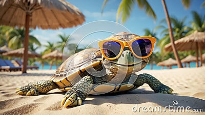 design turtle comedian poster holiday sunglasses character leaves Stock Photo