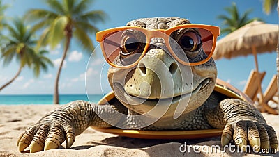 design turtle comedian poster holiday sunglasses character leaves ocean Stock Photo