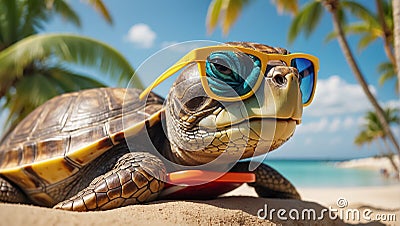 design turtle comedian poster holiday sunglasses creative character leaves Stock Photo