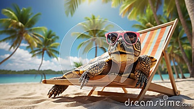 design turtle comedian beach wearing sunglasses creative leaves Stock Photo