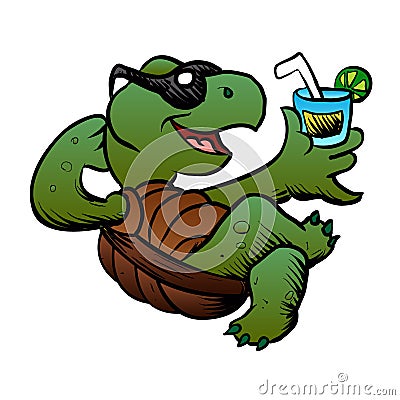 Cartoon Turtle Drinking Cocktail. Vector Illustration