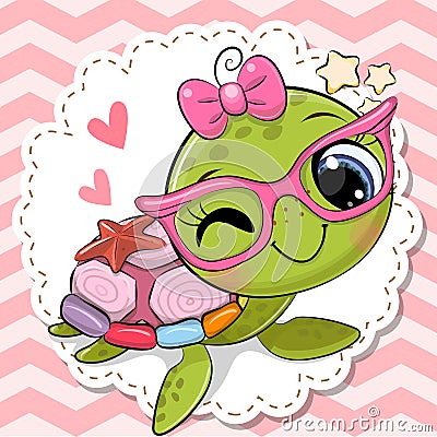 Cartoon Turtle girl in pink eyeglasses with a bow Vector Illustration