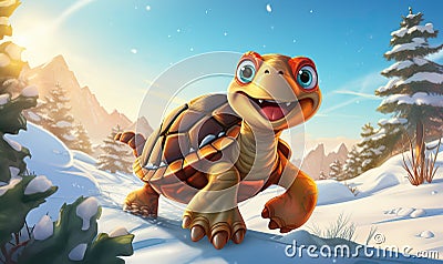 Cartoon turtle hurries through the winter forest. Stock Photo
