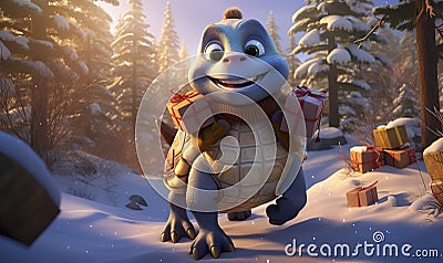 Cartoon turtle hurries through the winter forest. Stock Photo