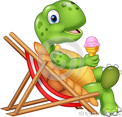 Cartoon turtle sitting on beach chair and holding an ice cream Vector Illustration