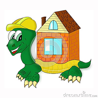 Cartoon turtle on white with big house Vector Illustration