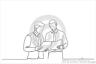 Cartoon of two businessmen discussing project. Continuous line art style Vector Illustration