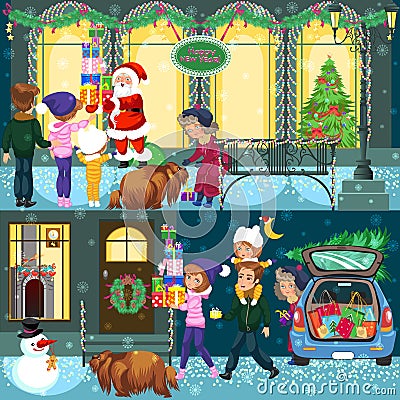 Cartoon two images of people doing shopping before holiday Vector Illustration