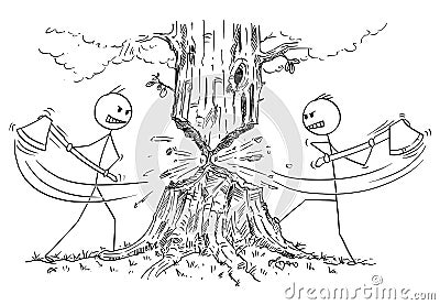 Cartoon of Two Lumberjacks With Ax Who Are Cutting Down Tree From Opposite Sides Vector Illustration