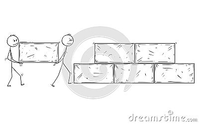 Cartoon of Two Man or Businessmen Carrying Big Stone Block and Building Wall or Pyramid Vector Illustration