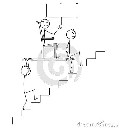 Cartoon of Two Men or Businessmen Carrying Boss or Manager Holding Empty Sign Upstairs in Litter or Sedan Chair Vector Illustration