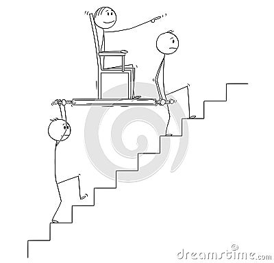 Cartoon of Two Men or Businessmen Carrying Boss or Manager Upstairs in Litter or Sedan Chair Vector Illustration