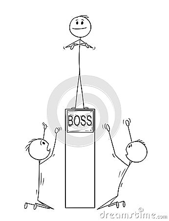 Cartoon of Two Men or Businessmen Worshiping Boss on Pedestal Vector Illustration